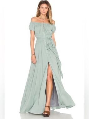 Mara Hoffman Sage Green Cotton Gauzy Off-Shoulder Button Down Maxi Dress